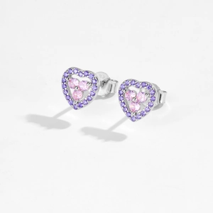 S925 sterling silver heart earrings with purple crystals and pink stones