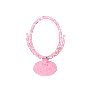 Pink vintage European-style double-sided oval vanity mirror with floral carved stand