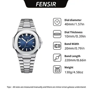 Men's square stainless steel quartz watch with blue dial and 40mm nautilus design case