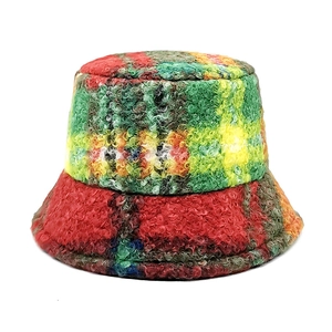 Stylish colorful plaid thickened plush bucket hat with retro checkered wool texture