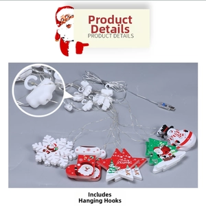 Detail of LED Christmas string lights with snowflake and tree charms featuring USB power