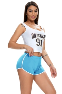 Women's athletic set with white cropped tank top and blue trimmed shorts details