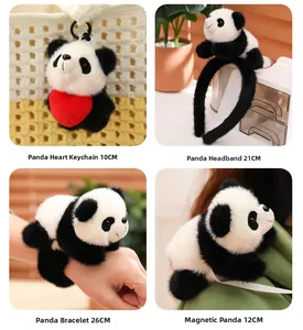 Four panda plush accessories: keychain, headband, snap bracelet, and magnetic doll