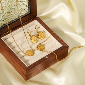 Vintage 18K gold plated stainless steel sun and moon pendant jewelry set in a wood box