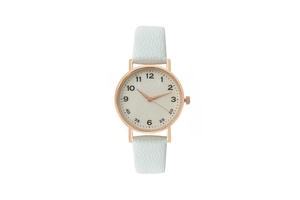 Detail of rose gold case and light blue leather strap with numeric dial of woman watch