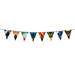 Close-up of Halloween triangle banners with Happy Halloween and Zombie Party prints