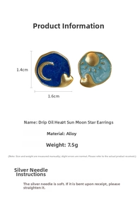 Detail showing asymmetric heart earrings with sun and moon oil drip design and 1.4cm size