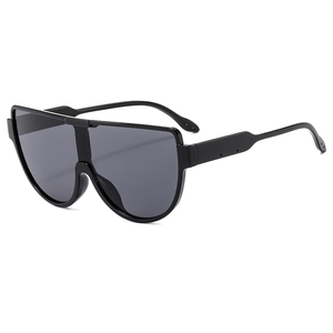 Modern oversized shield sunglasses with black PC frame and dark tinted one-piece lens