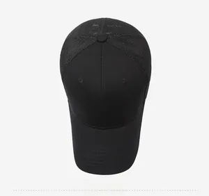 Top view of black mesh baseball cap showing breathable panel and curved brim