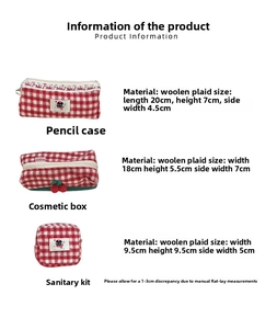 Size chart for plaid tweed storage bags including pencil case, makeup box, and mini pouch