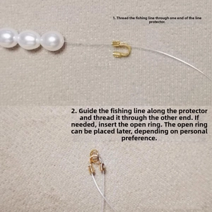 Detailed step-by-step guide showing golden U-shape wire protectors used with pearls