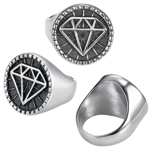Men Signet Ring Stainless Steel Retro Punk Diamond Geometric Pattern Relief Hip Hop Industrial Style Jewelry