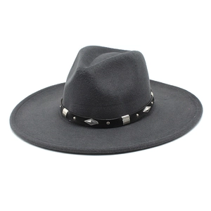 Detailed view of the dark grey wide-brim wool fedora hat with studded leather band