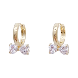Elegant gold bow-shaped hoop earrings with sparkling cubic zirconia on white background