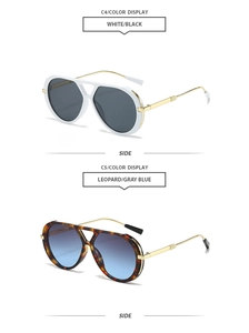 Detail view of pilot sunglasses with gold metal temples and two color frame variants
