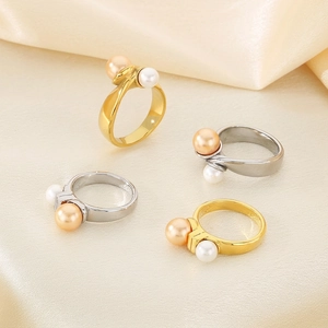 Double Artificial Pearl Ring Stainless Steel Twisted Wrap Minimalist French Style Jewelry For Women Elegant Gold Steel Color Finger Rings