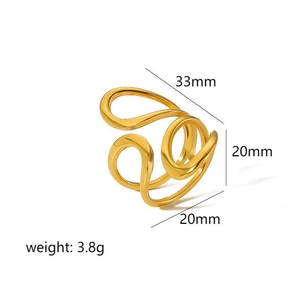 Detail shot of adjustable 18k gold plated stainless steel ring showing 33mm by 20mm size