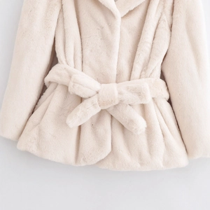 Women's cream faux fur short coat with lapel collar and waist tie belt