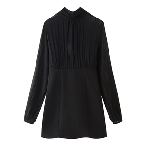 Elegant Black Chiffon Pleated Mini Dress For Women Long Sleeve Stand Collar Tie Waist Bodycon Commute Dress