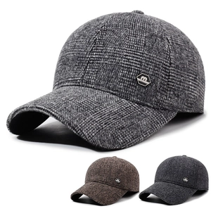 Men Winter Baseball Cap Woolen Plaid Thermal Windproof Peaked Hat With Ear Flaps Outdoor Adjustable