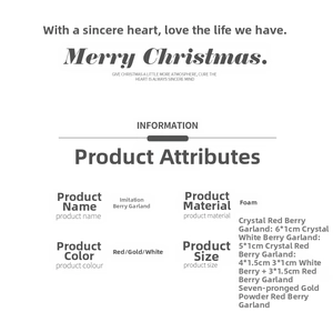 Detailed size specifications for artificial glitter berries in red, gold, and white colors