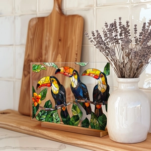 Detailed acrylic bird plaque with colorful toucans and wooden base for home desk decor