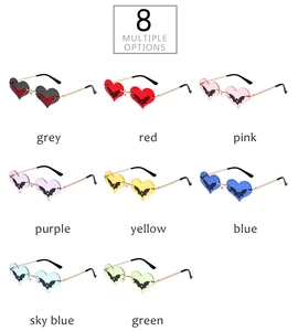 Detail showcasing eight color options for heart-shaped bat sunglasses with rimless design