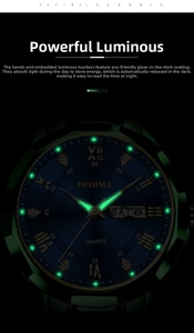 Luminous watch dial detail showing glowing markers and date display in the dark