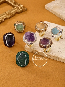 Close-up of bohemian raw stone rings with rhinestone accents, diameter 2.0cm size detail