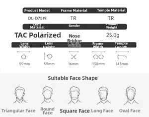Detailed size guide for square polarized sunglasses with TR frame and TAC lens specifications