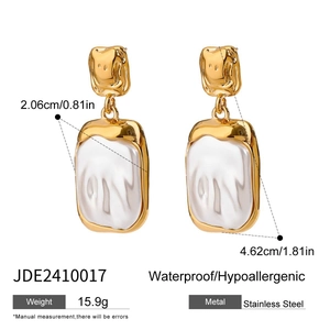 Golden irregular square pearl drop earrings in stainless steel with waterproof features