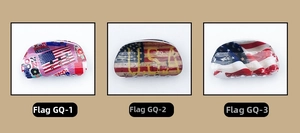 Detail view of various flag themed hair claws featuring USA and London patterns