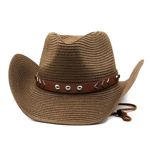 Brown woven western straw cowboy hat with leather rivet band and adjustable chin strap