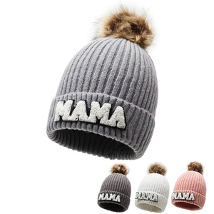 Winter Knitted Beanie Hat With Faux Fur Pom Pom MAMA MINI Letter Patch Warm Outdoor Casual Ski Cap For Women