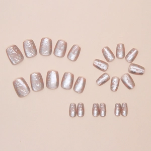 Detailed set of 24 champagne pink cat-eye press-on nails with silver leaf patterns