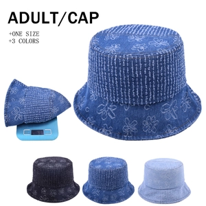 Denim Bucket Hat Floral Print Frayed Edge Wide Brim Flat Top Sun Protection Outdoor Casual Retro Style For Women