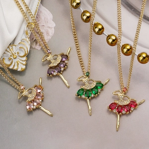 Elegant Ballerina Girl Pendant Necklace Gold Plated Copper With Colorful Zircon And Sparkling Rhinestone Fashion Jewelry