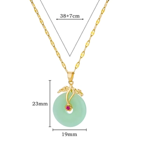 Detail view of four-leaf clover necklace with size dimensions and gold chain