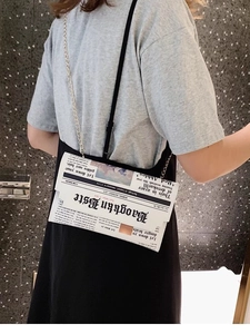 Retro newspaper print envelope crossbody bag with silver chain strap for women