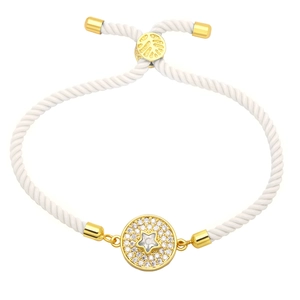 Minimalist white braided rope bracelet with gold star charm and sparkling zircon accents
