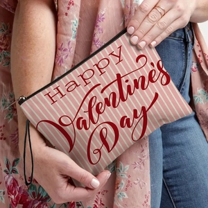 Trousse cosmétique rayée rose avec imprimé Happy Valentine's Day et poignée noire