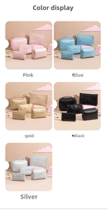 Detailed set of five PU leather toiletry bags in pink, blue, gold, black, and silver