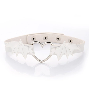 White PU leather choker featuring a metal heart ring and bat wings for cosplay parties