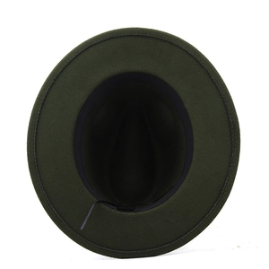 Internal view of dark green wool fedora showing sweatband and adjustable drawstring