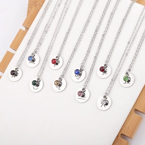 Silver stainless steel zodiac necklaces with colorful birthstones on a white display stand