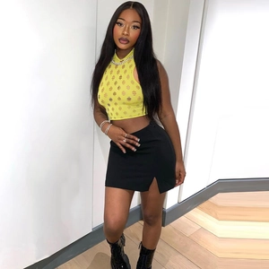 Sexy yellow cutout crop top and black side-slit mini skirt outfit set for women
