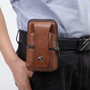 Vertical genuine leather phone pouch for men with magnetic flip cover and belt loop