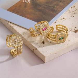Vintage gold plated adjustable ring with colored zircon stones and micro-pave crystals