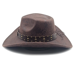 Close-up of brown suede cowboy hat with faux snakeskin texture and metal stud band