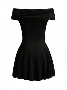 Elegant off-the-shoulder black mini dress with high waist and flared A-line skirt
